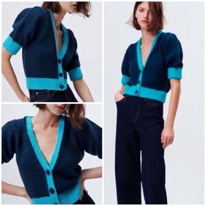 Zara Navy Blue Trim V Neck Button Up Knitted Top Puff SS Cardigan Women Sz S NWT